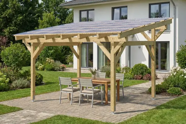 Dřevěná pergola s průsvitným střešním panelem na zahradní terase.