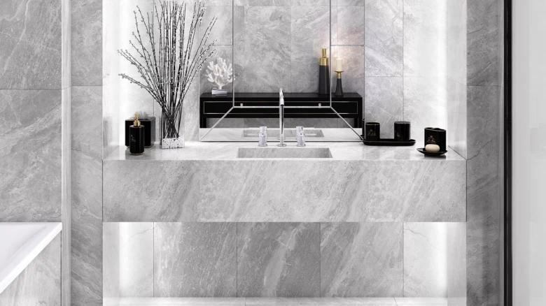 Marble bathroom tiles and sink
