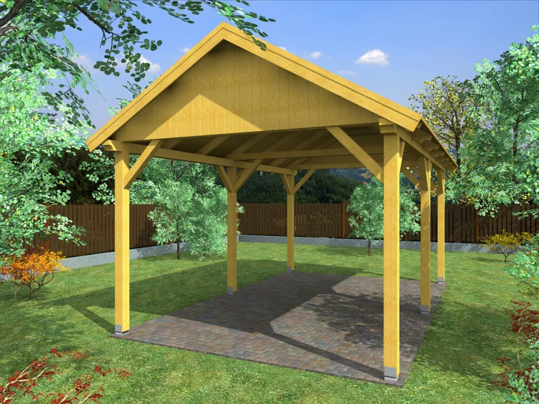 Žlutá dřevěná zahradní pergola na trávníku s okolním zeleň.