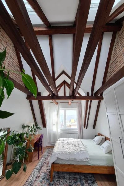Loft s viditelnými dřevěnými trámy pod stříškou.