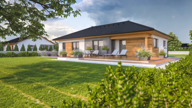 Moderní dřevěný bungalov s terasou a zahradou pro modulový dům
