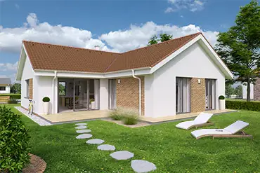 Moderní bílý bungalov do tvaru L s kamennými prvky.