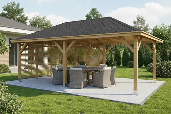 Dřevěná pergola s venkovním jídelním setem na zahradě.