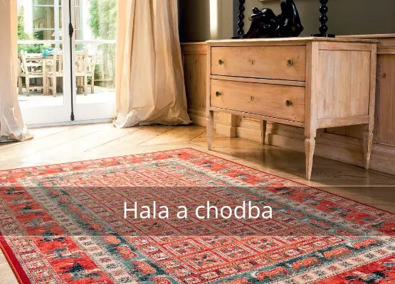 Červený koberec v obývacím pokoji s nábytkem u okna.