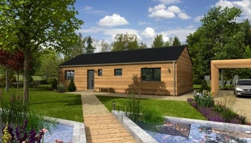 Modulový dřevěný bungalov s zahradou a vodním prvkem