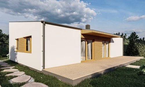 Moderní dřevostavba s bílými fasádami a velkými okny.