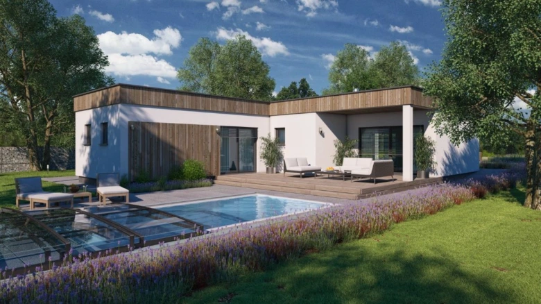 Moderní bungalov ve tvaru L s bazénem a zahradou.