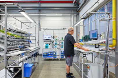 Muž sestavuje elektrické rozvaděče na výrobní lince v továrně.
