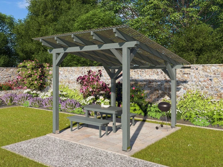 Malá jednoduchá dřevěná pergola na zahradě s lavičkou.